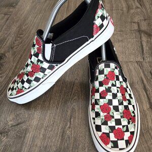 Vans Slip-On Checkerboard Red Rose Print Black White Skate 721356 US Size 9.5